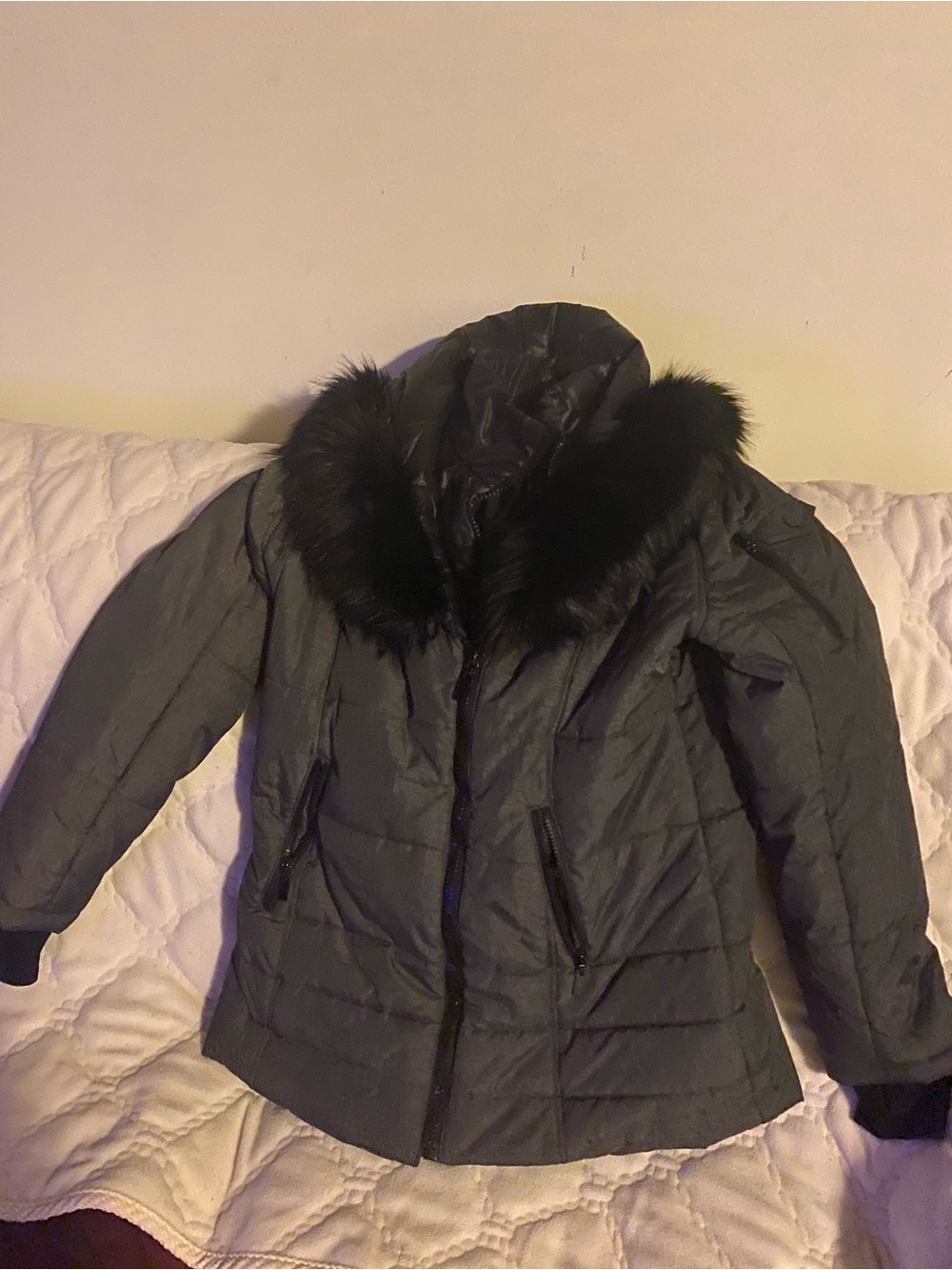Wildflowers Black Faux Fur Collar Gray Puffer Jacket - Picture 2 of 4